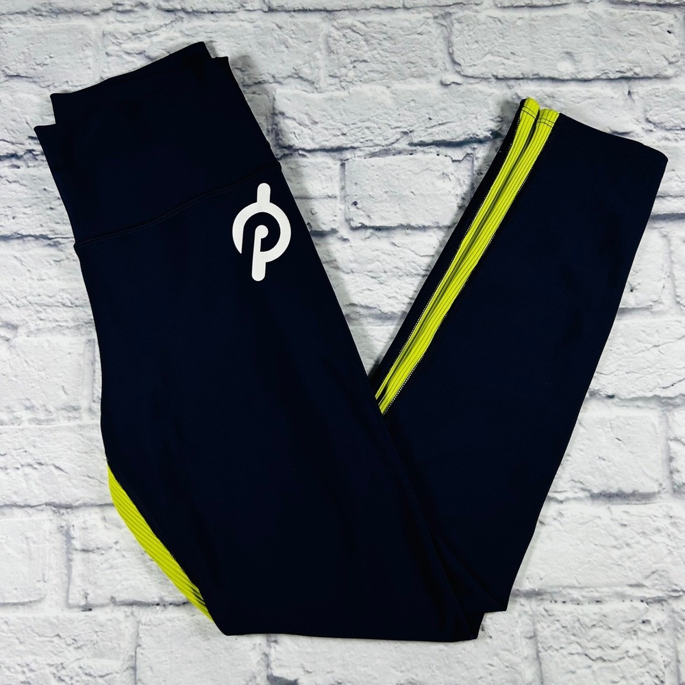 Peloton Womens Navy Blue Yellow Striped High Waisted Yoga Leggings Size L